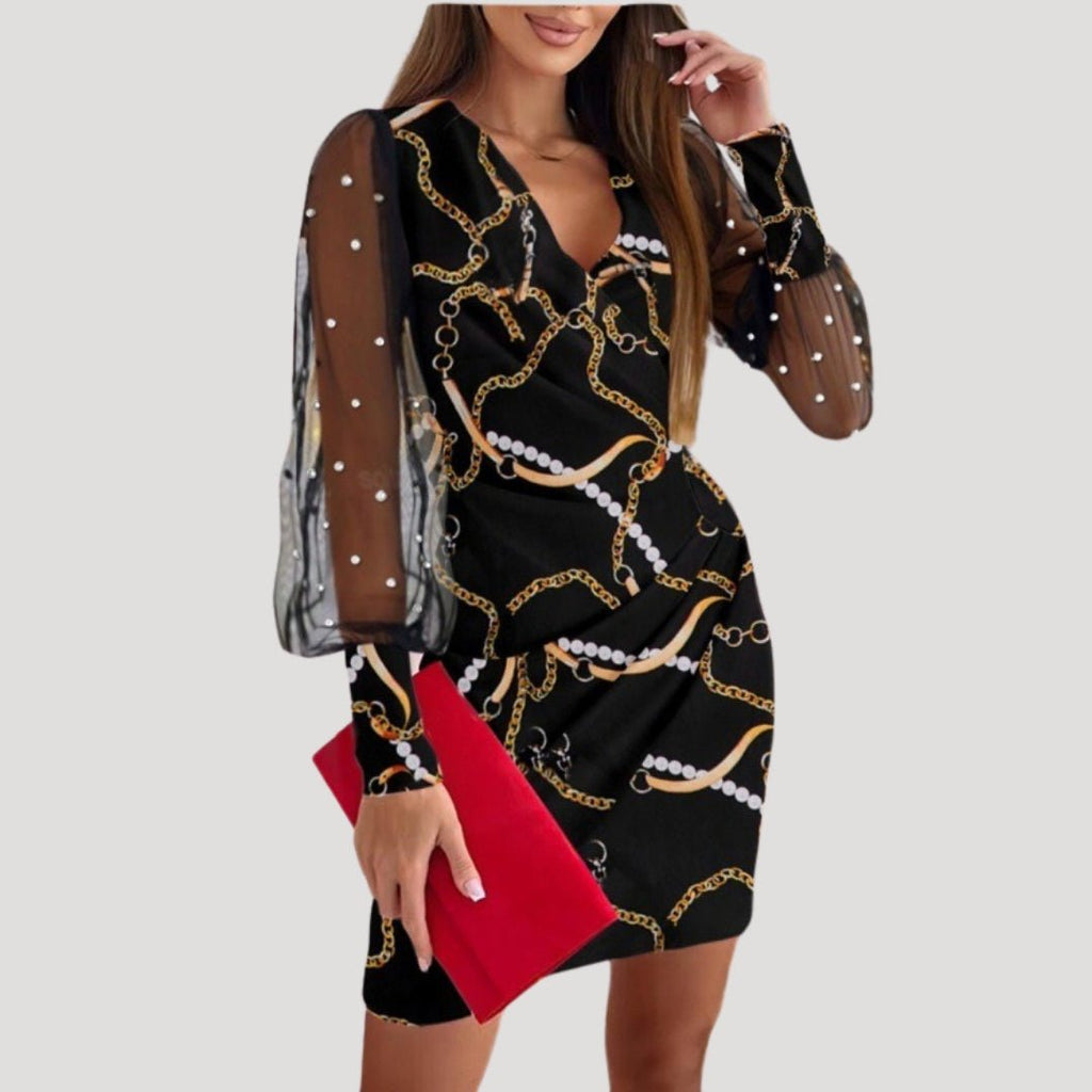 Women's Mini Wrap Dress With Sheer Chiffon Sleeves And V Neckline For Evening Events