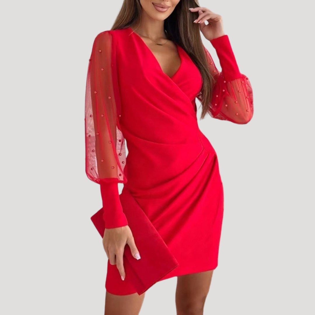 Women's Mini Wrap Dress With Sheer Chiffon Sleeves And V Neckline For Evening Events