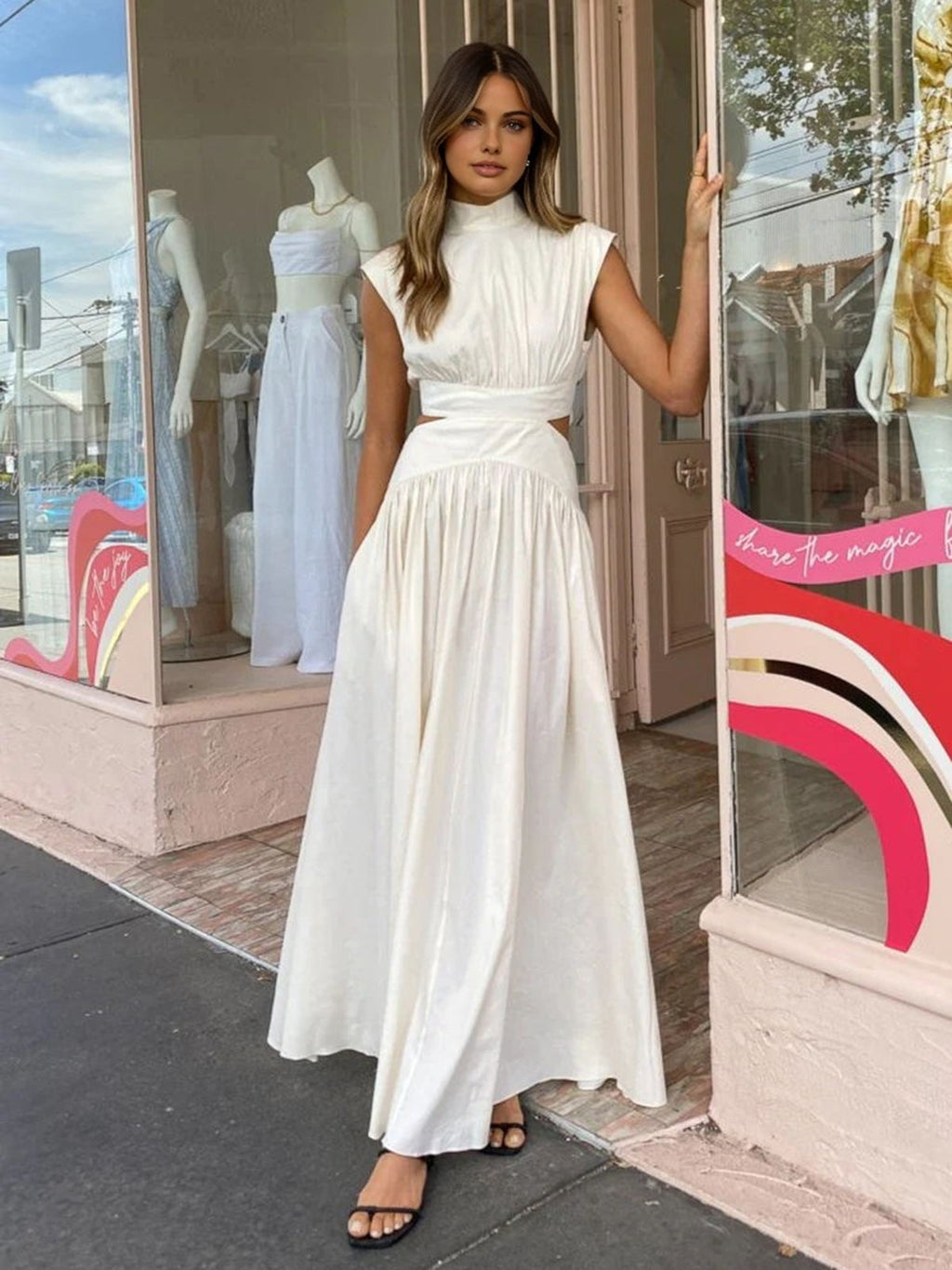 Women's Sleeveless Mock Neck Maxi Dress In Romantic Style For Work Holidays And Parties