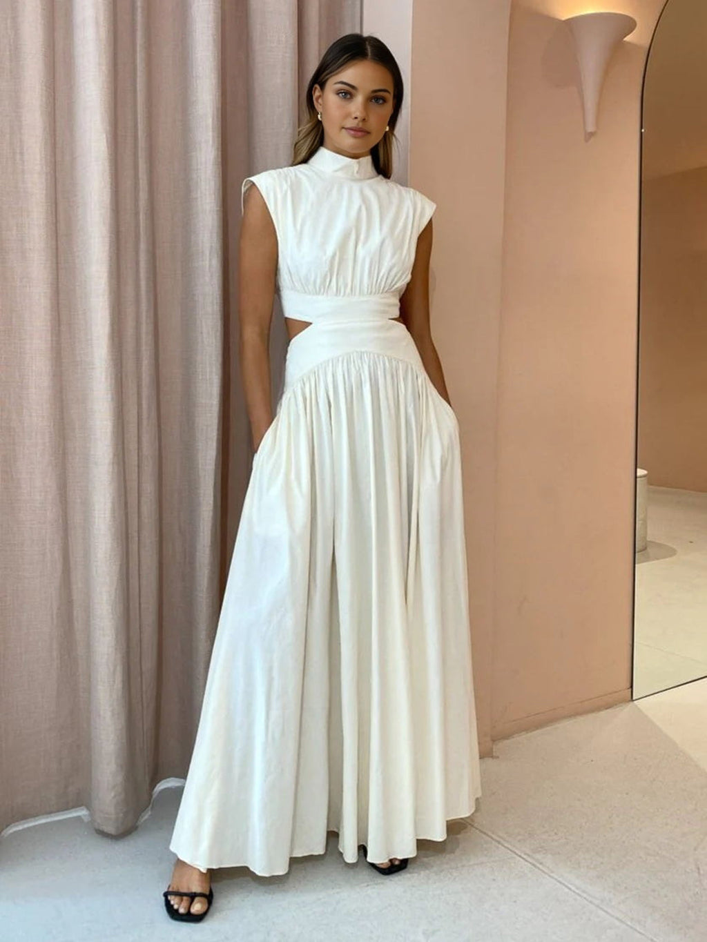 Women's Sleeveless Mock Neck Maxi Dress In Romantic Style For Work Holidays And Parties