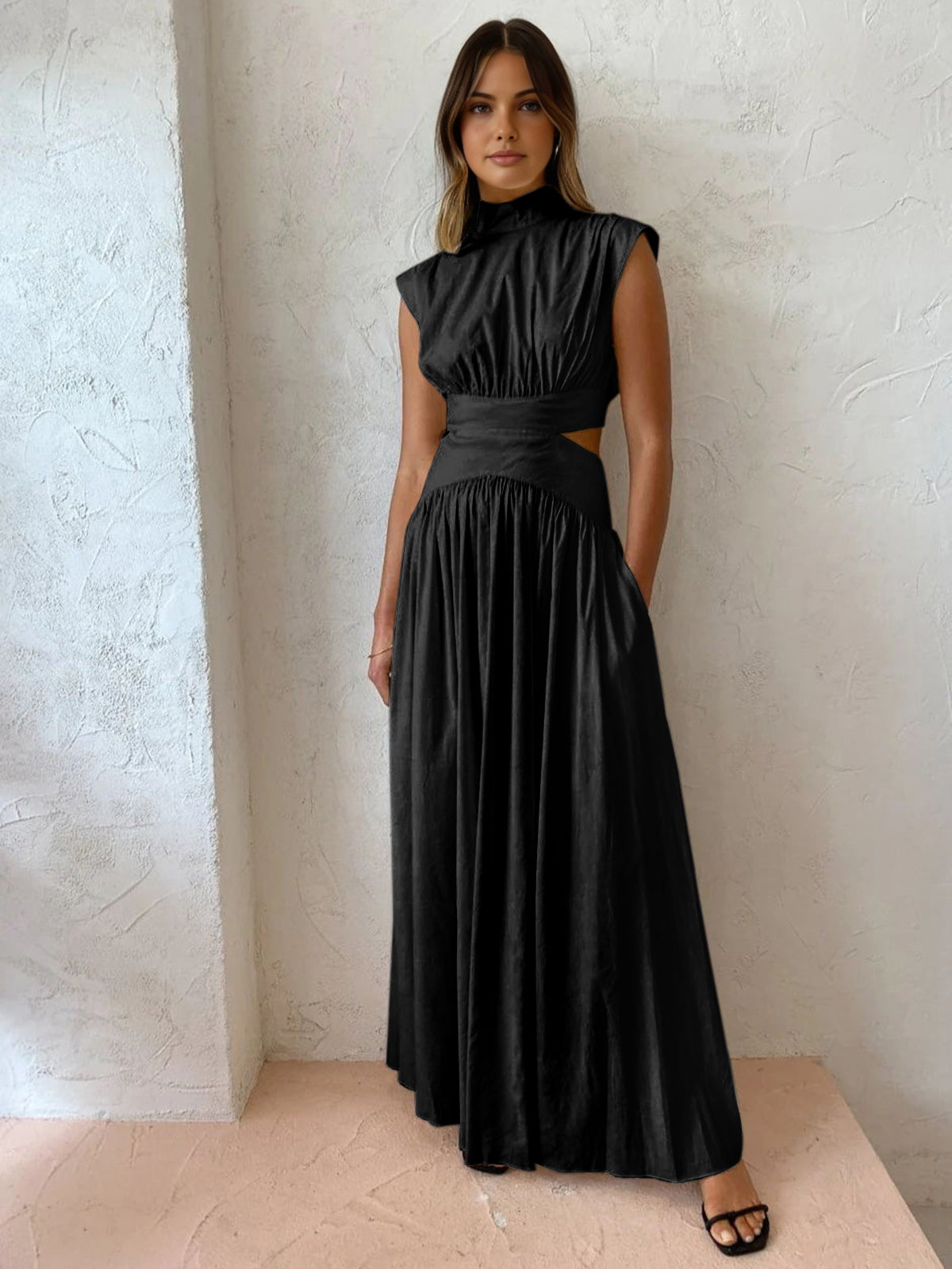 Women's Sleeveless Mock Neck Maxi Dress In Romantic Style For Work Holidays And Parties