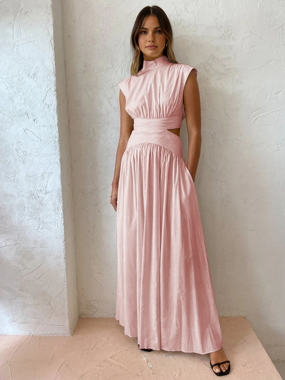 Women's Sleeveless Mock Neck Maxi Dress In Romantic Style For Work Holidays And Parties