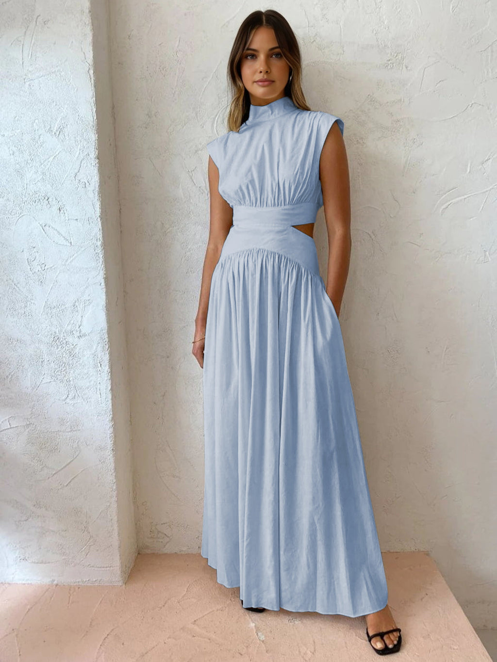Women's Sleeveless Mock Neck Maxi Dress In Romantic Style For Work Holidays And Parties