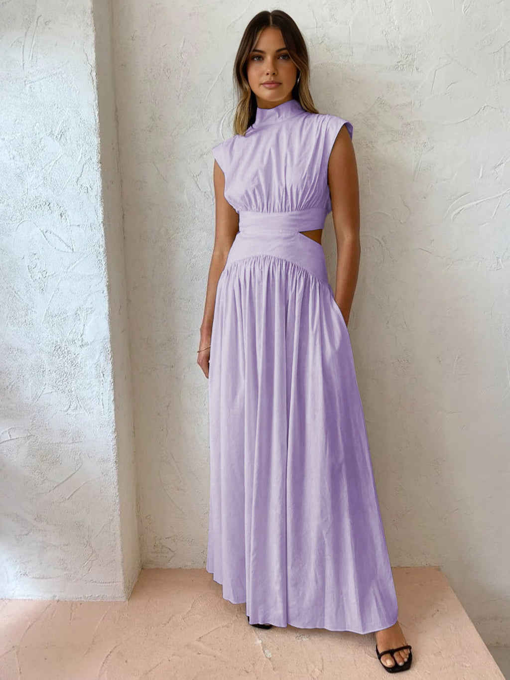 Women's Sleeveless Mock Neck Maxi Dress In Romantic Style For Work Holidays And Parties