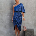 Women's One Shoulder Mini Dress With Satin Wrap Style For Elegant Occasions And Evening Events