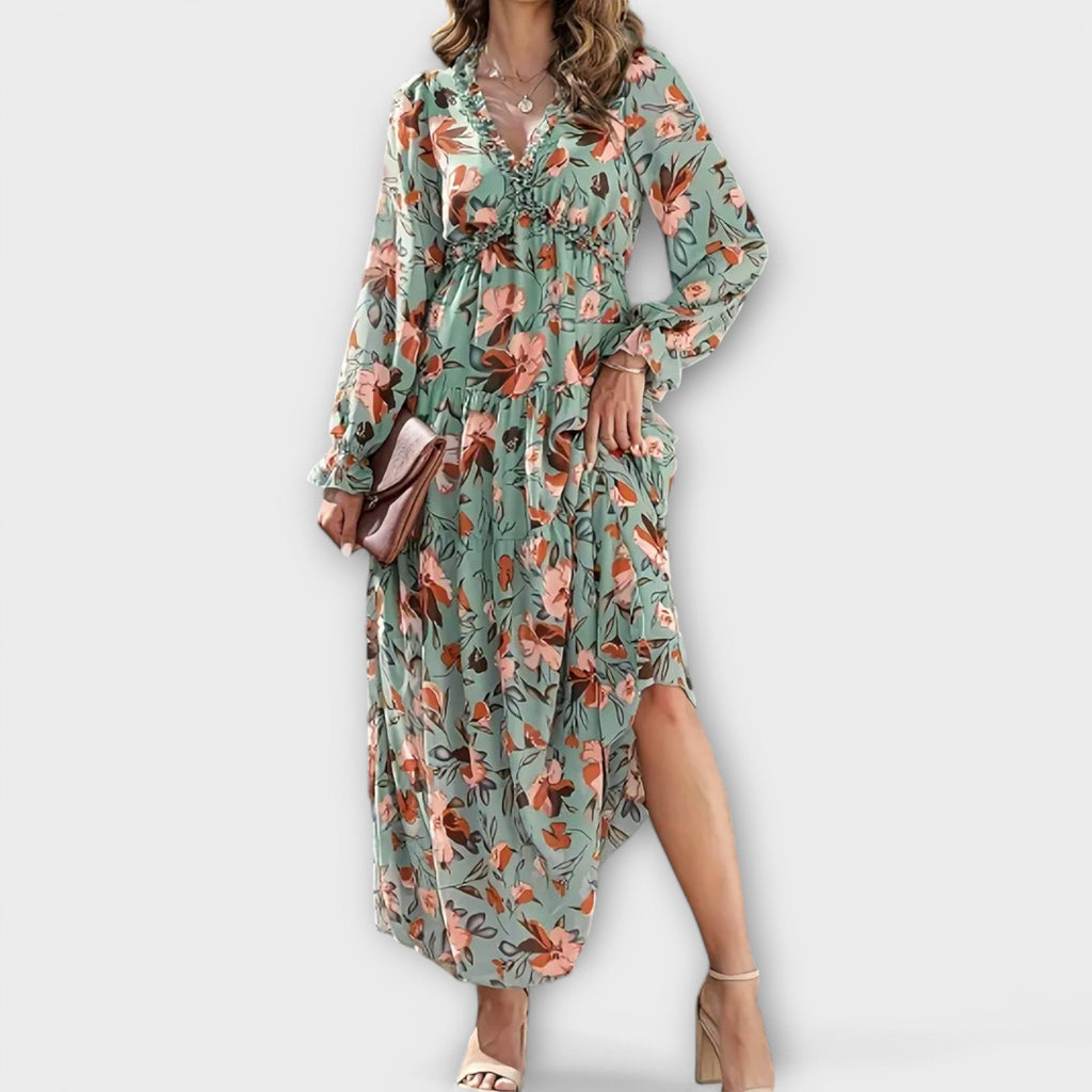 Women's Pleated Floral Maxi Dress With Long Sleeves And V Neck Elegant Holiday Dress