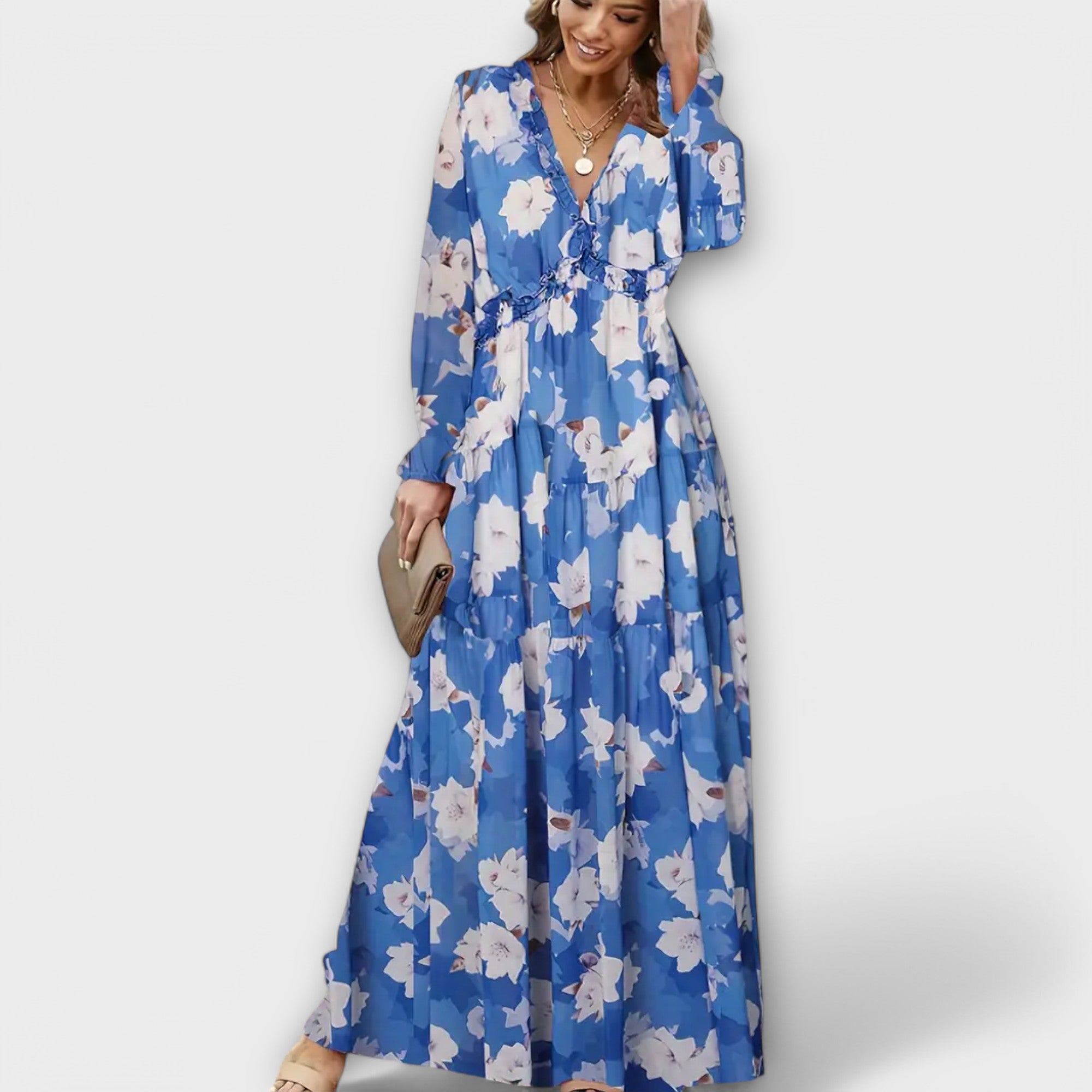 Women's Pleated Floral Maxi Dress With Long Sleeves And V Neck Elegant Holiday Dress