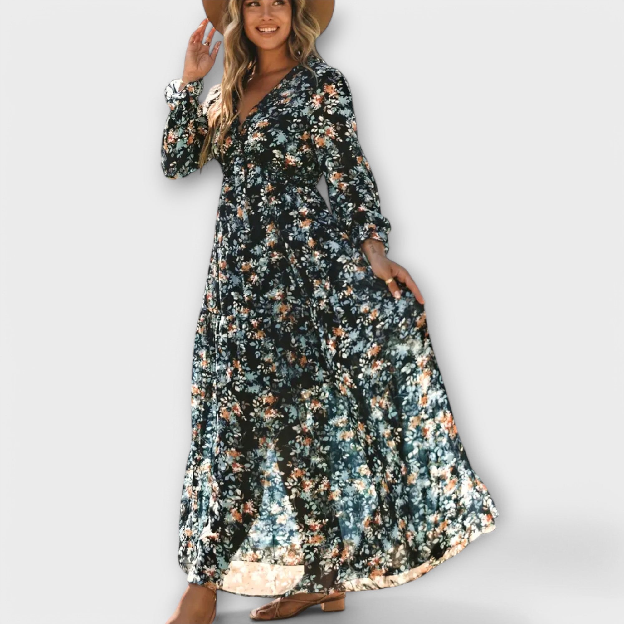 Women's Pleated Floral Maxi Dress With Long Sleeves And V Neck Elegant Holiday Dress