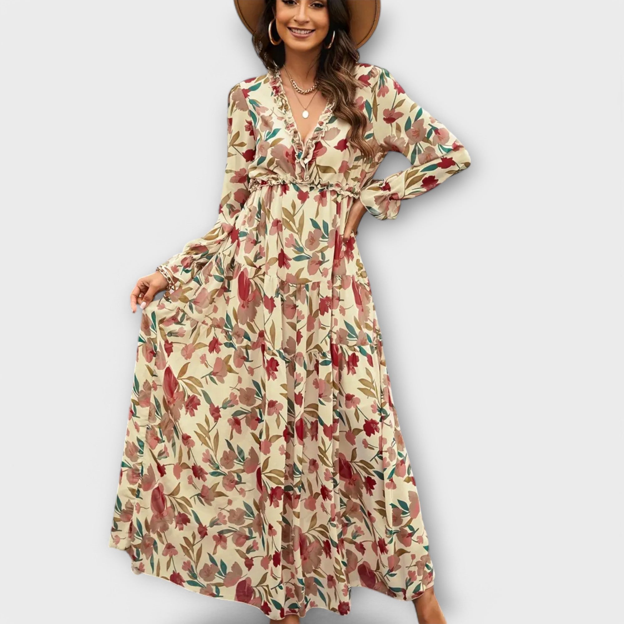 Women's Pleated Floral Maxi Dress With Long Sleeves And V Neck Elegant Holiday Dress