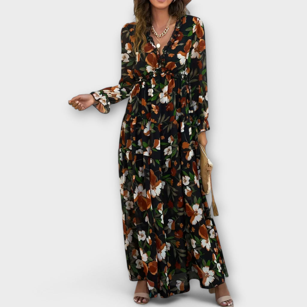 Women's Pleated Floral Maxi Dress With Long Sleeves And V Neck Elegant Holiday Dress
