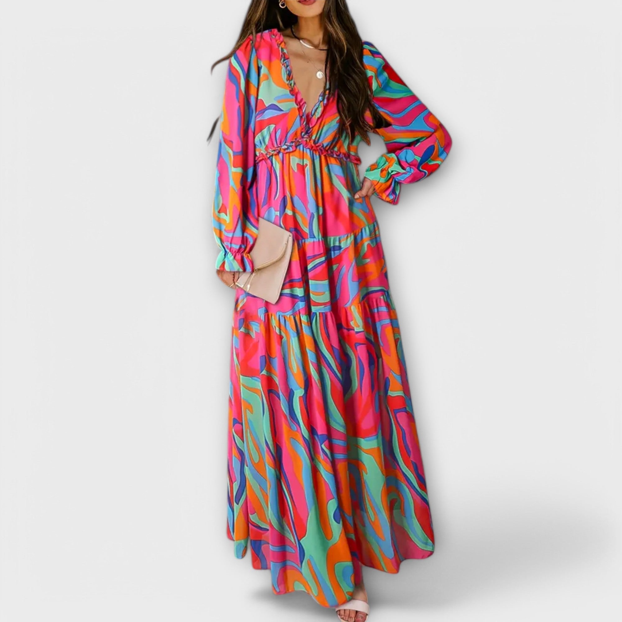 Women's Pleated Floral Maxi Dress With Long Sleeves And V Neck Elegant Holiday Dress