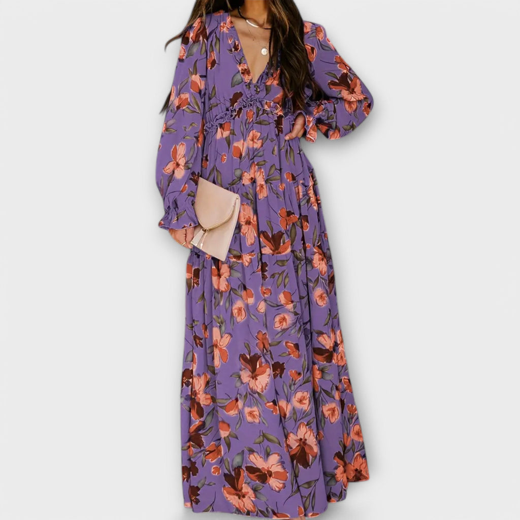 Women's Pleated Floral Maxi Dress With Long Sleeves And V Neck Elegant Holiday Dress