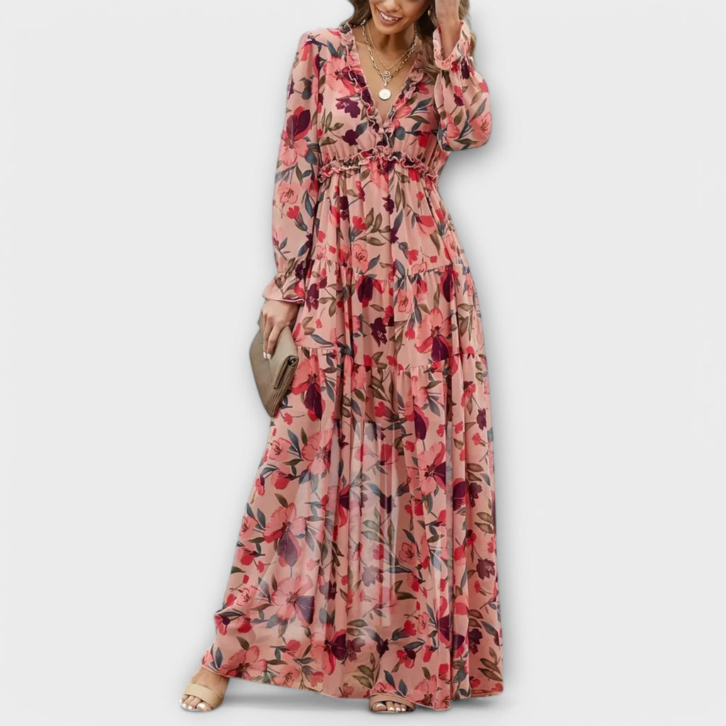 Women's Pleated Floral Maxi Dress With Long Sleeves And V Neck Elegant Holiday Dress