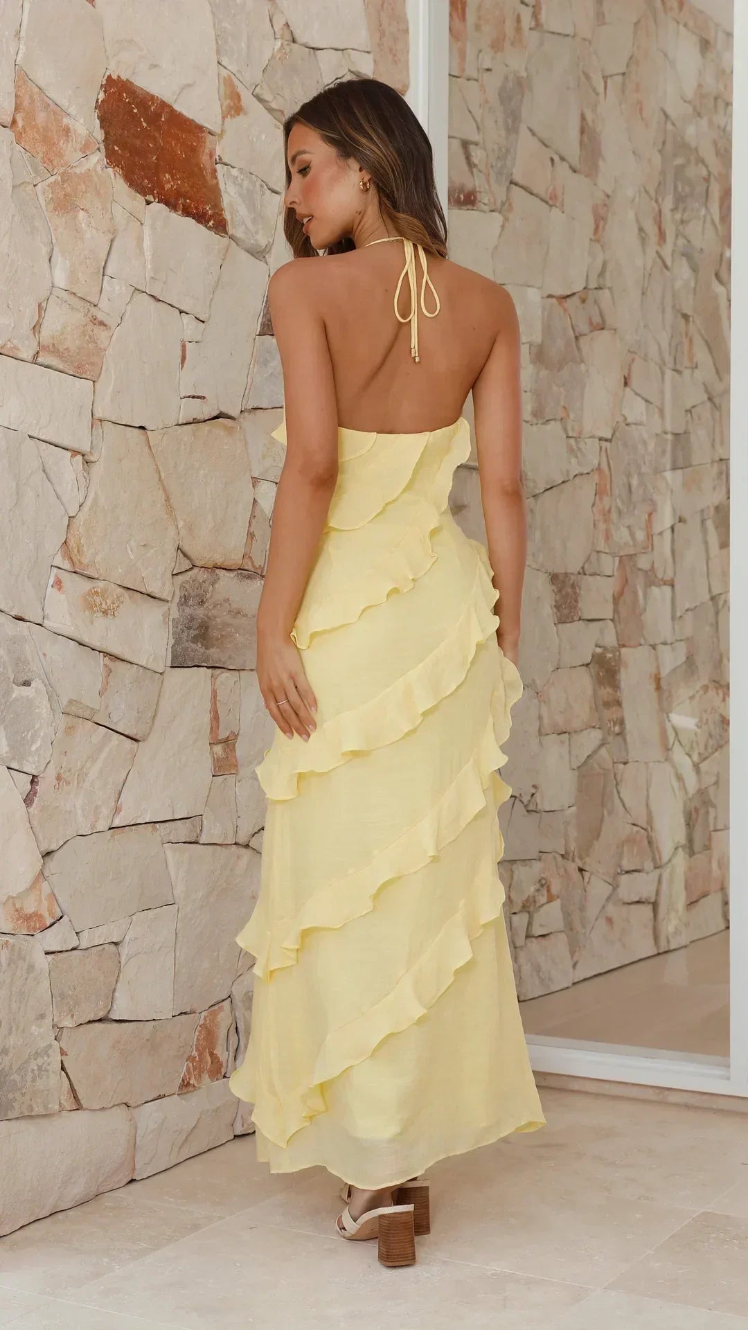 Women's Halter Neck Ruffle Maxi Dress With Tiered Layers And Soft Draping, Lightweight