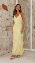Women's Halter Neck Ruffle Maxi Dress With Tiered Layers And Soft Draping, Lightweight