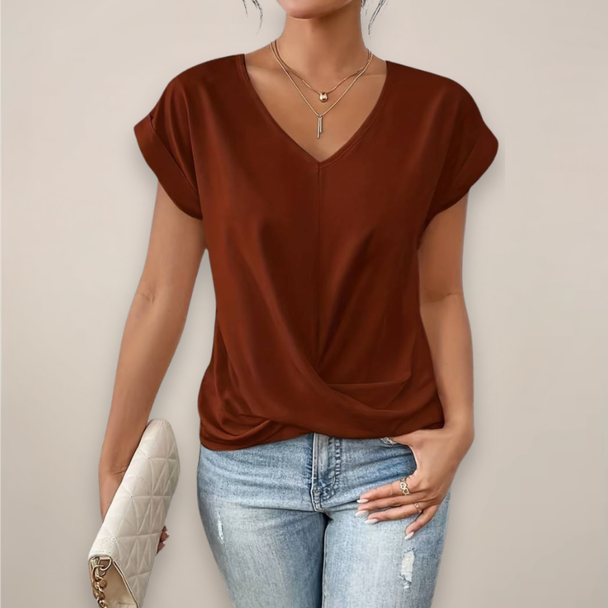 Women's Short Sleeve Twist Front V-Neck Top for Spring and Summer Seasons