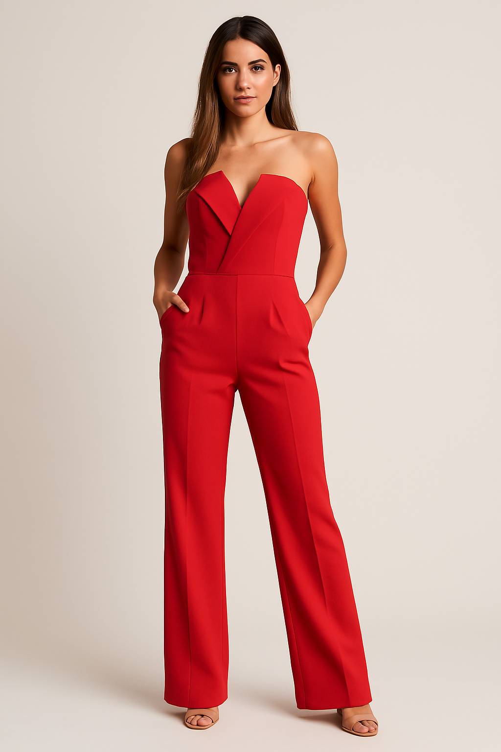 Elegant Everyday Wear For Women's Sleeveless One-Piece Jumpsuit With V-Neck And Wide-Leg Trousers