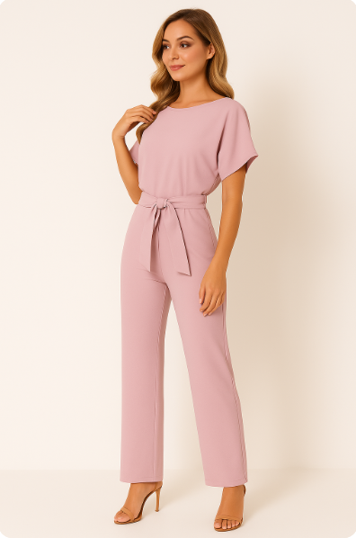 Women's Tie Ribbon Jumpsuit With Short Sleeved One Piece Streamlined Silhouette And Adjustable Waist Tie