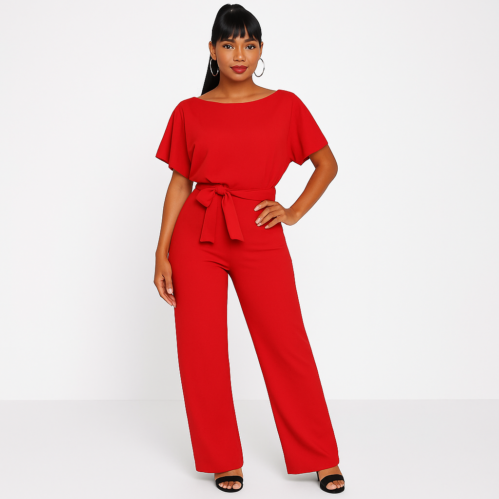 Women's Tie Ribbon Jumpsuit With Short Sleeved One Piece Streamlined Silhouette And Adjustable Waist Tie