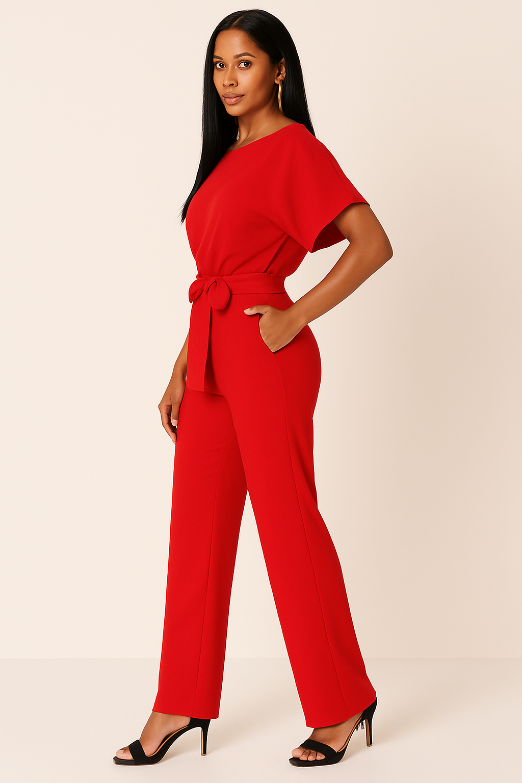 Women's Tie Ribbon Jumpsuit With Short Sleeved One Piece Streamlined Silhouette And Adjustable Waist Tie