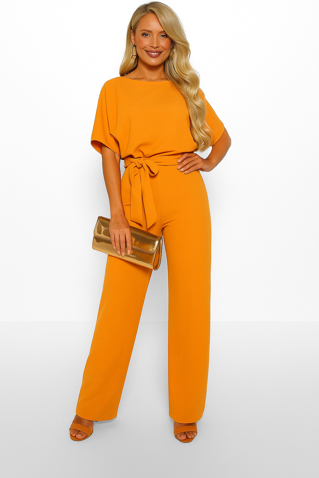 Women's Tie Ribbon Jumpsuit With Short Sleeved One Piece Streamlined Silhouette And Adjustable Waist Tie