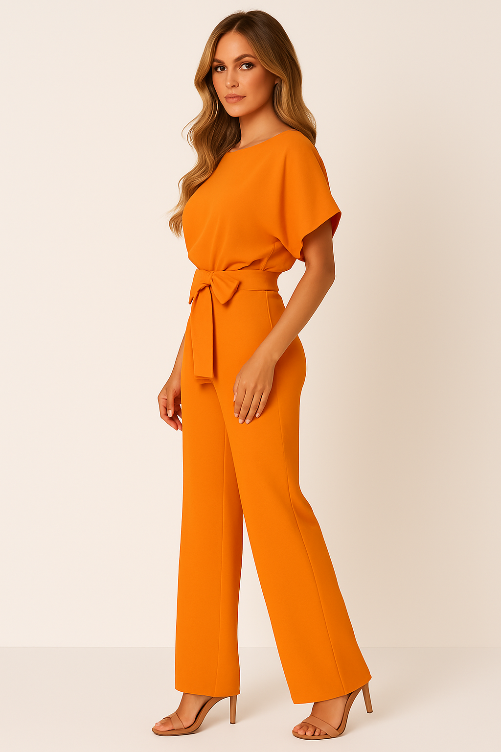 Women's Tie Ribbon Jumpsuit With Short Sleeved One Piece Streamlined Silhouette And Adjustable Waist Tie