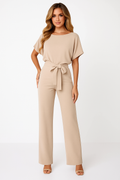 Women's Tie Ribbon Jumpsuit With Short Sleeved One Piece Streamlined Silhouette And Adjustable Waist Tie
