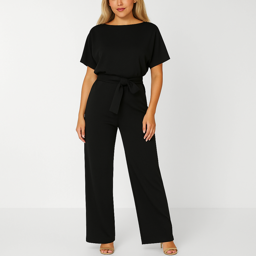 Women's Tie Ribbon Jumpsuit With Short Sleeved One Piece Streamlined Silhouette And Adjustable Waist Tie