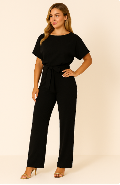 Women's Tie Ribbon Jumpsuit With Short Sleeved One Piece Streamlined Silhouette And Adjustable Waist Tie