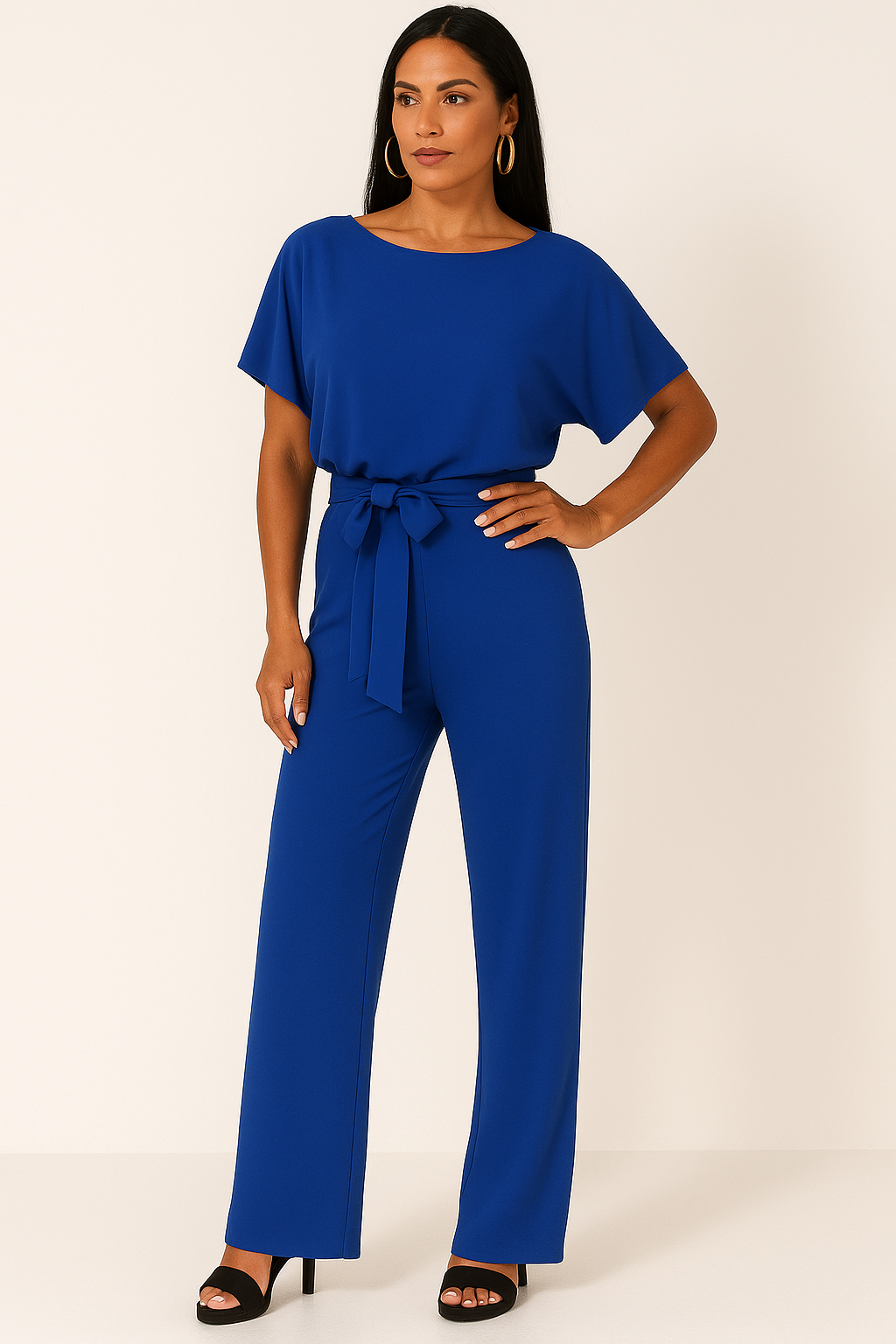 Women's Tie Ribbon Jumpsuit With Short Sleeved One Piece Streamlined Silhouette And Adjustable Waist Tie