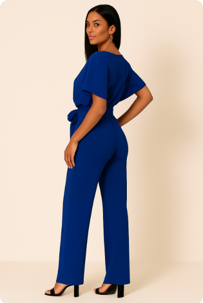 Women's Tie Ribbon Jumpsuit With Short Sleeved One Piece Streamlined Silhouette And Adjustable Waist Tie
