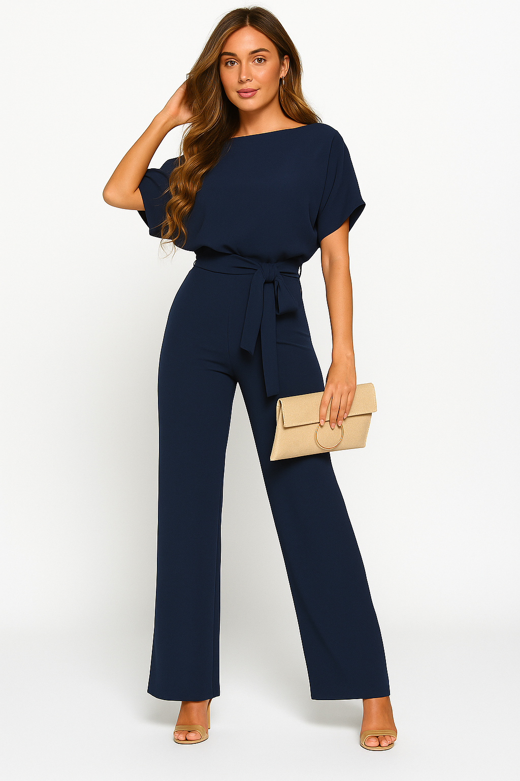 Women's Tie Ribbon Jumpsuit With Short Sleeved One Piece Streamlined Silhouette And Adjustable Waist Tie