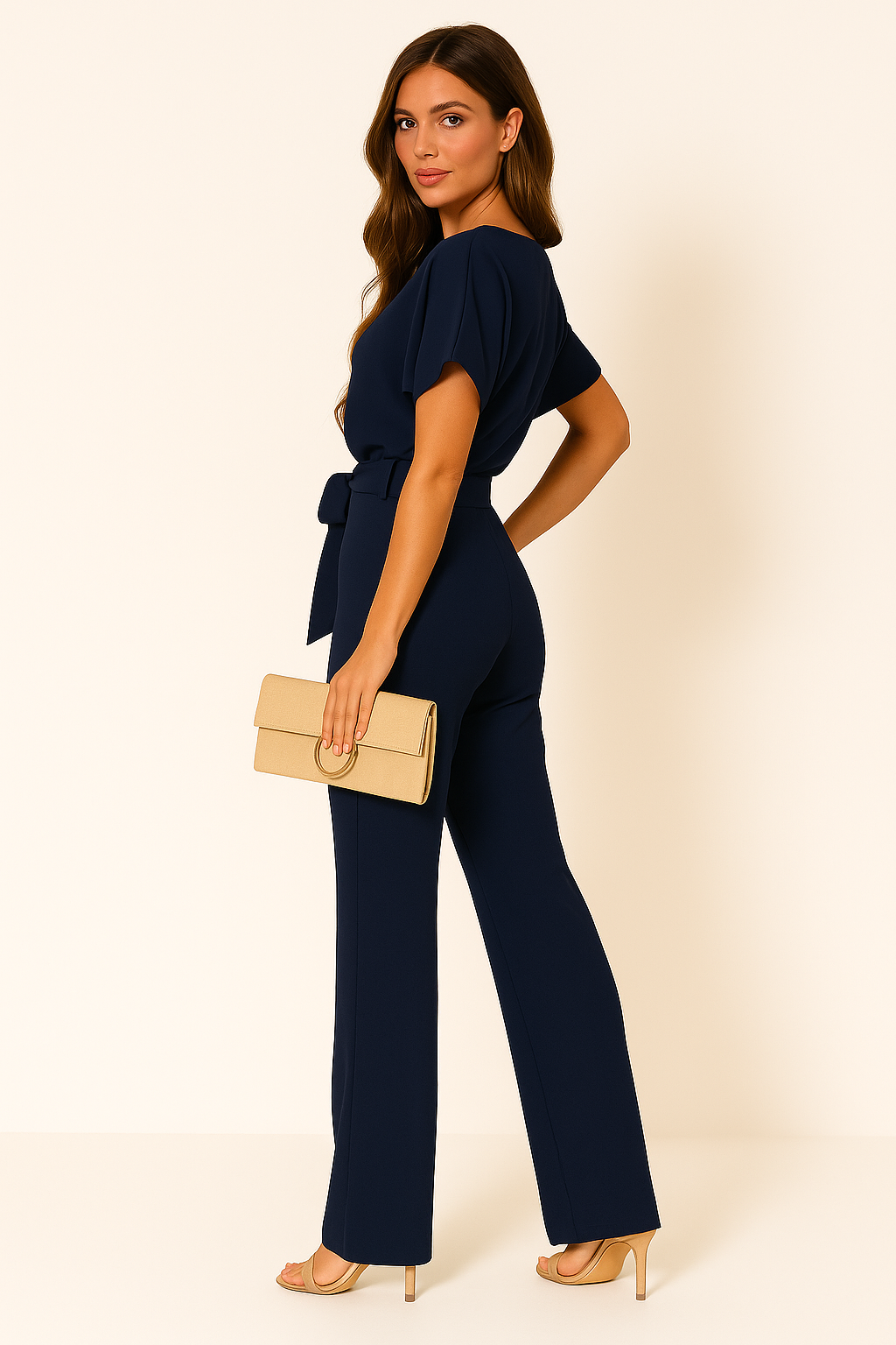 Women's Tie Ribbon Jumpsuit With Short Sleeved One Piece Streamlined Silhouette And Adjustable Waist Tie