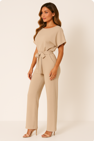 Women's Tie Ribbon Jumpsuit With Short Sleeved One Piece Streamlined Silhouette And Adjustable Waist Tie