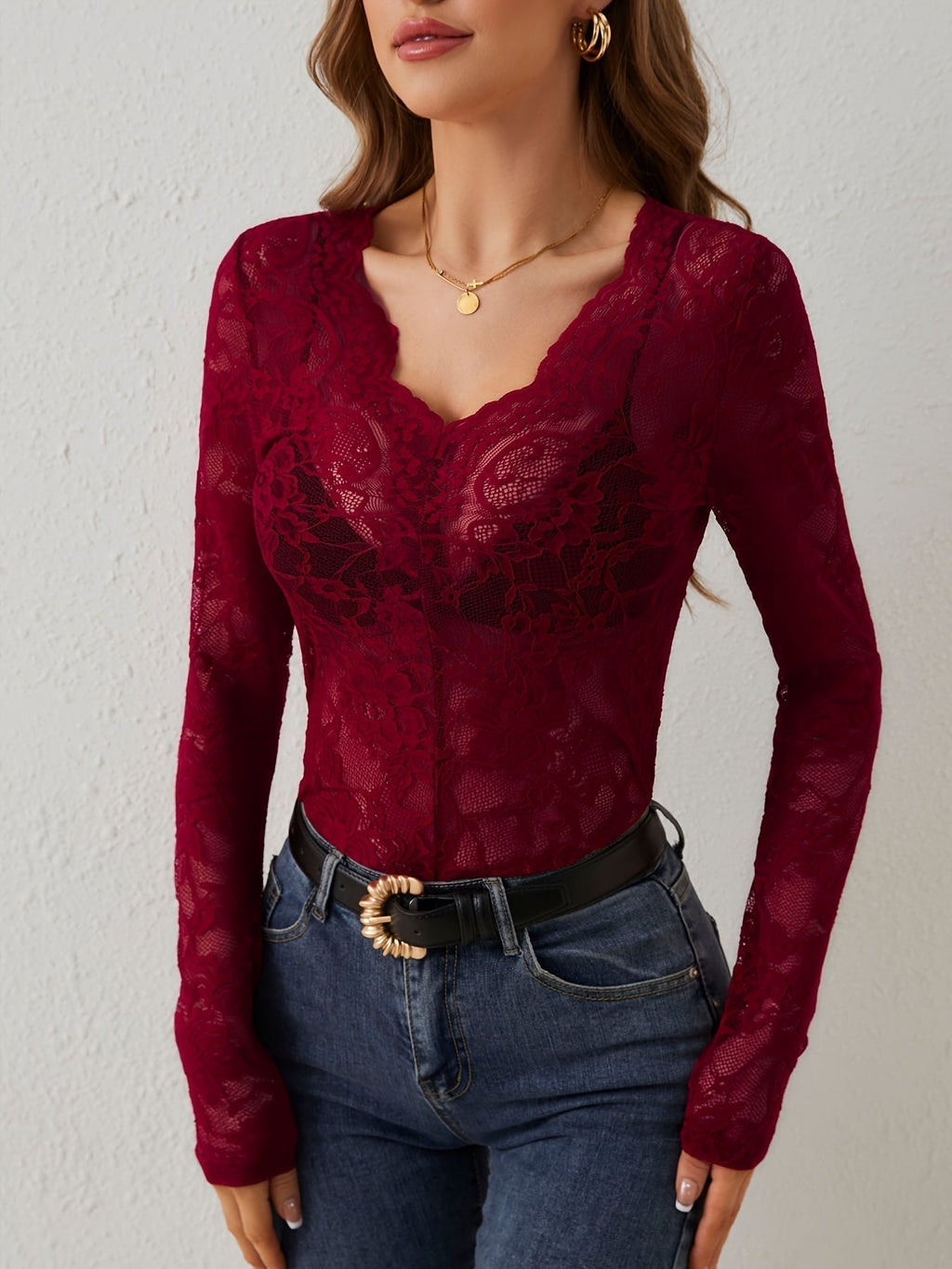 Women’s Lace Style V-Neck Top With Slim Fit Long Sleeves For Women With A Classic Silhouette