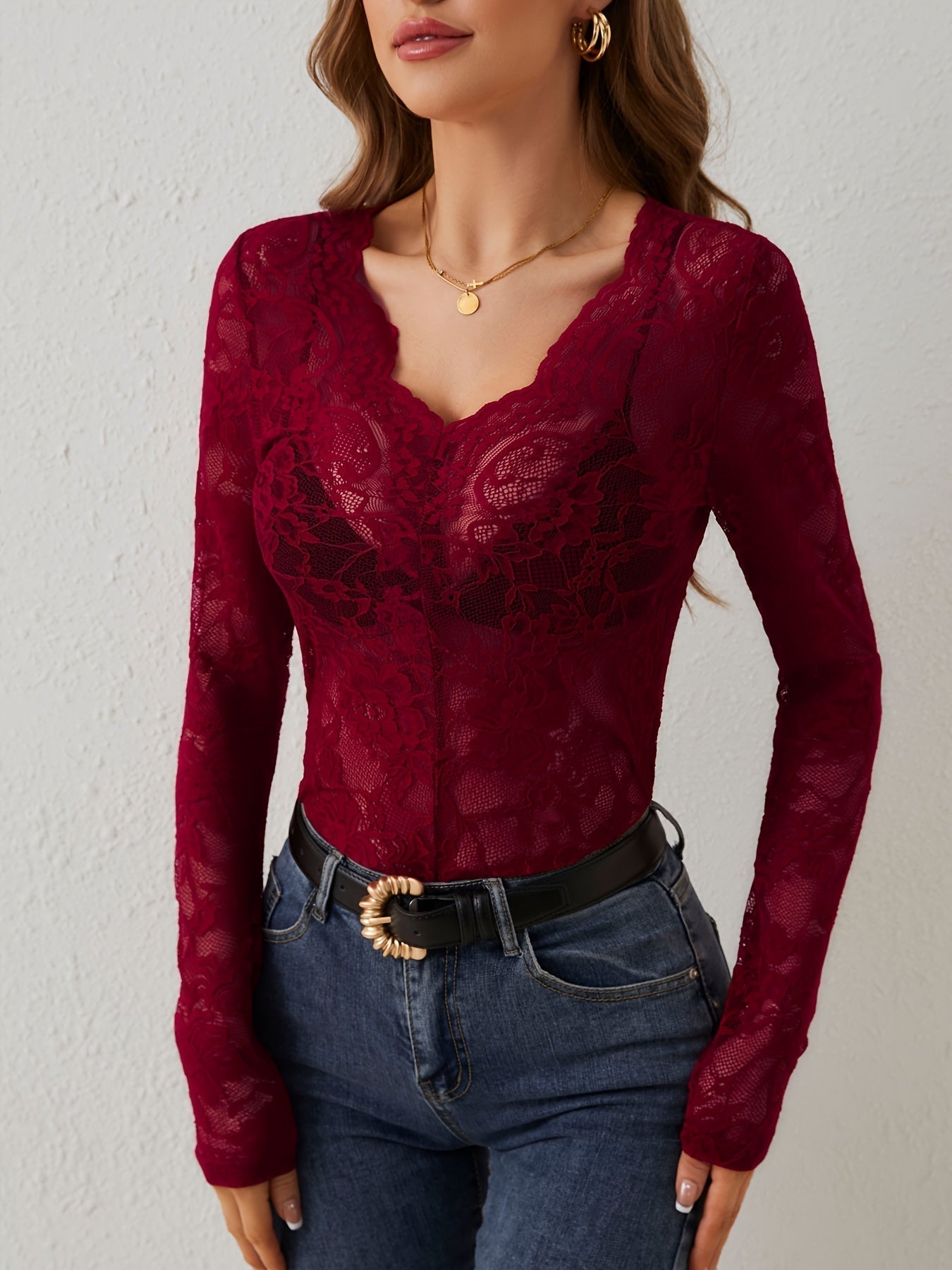 Women’s Lace Style V-Neck Top With Slim Fit Long Sleeves For Women With A Classic Silhouette
