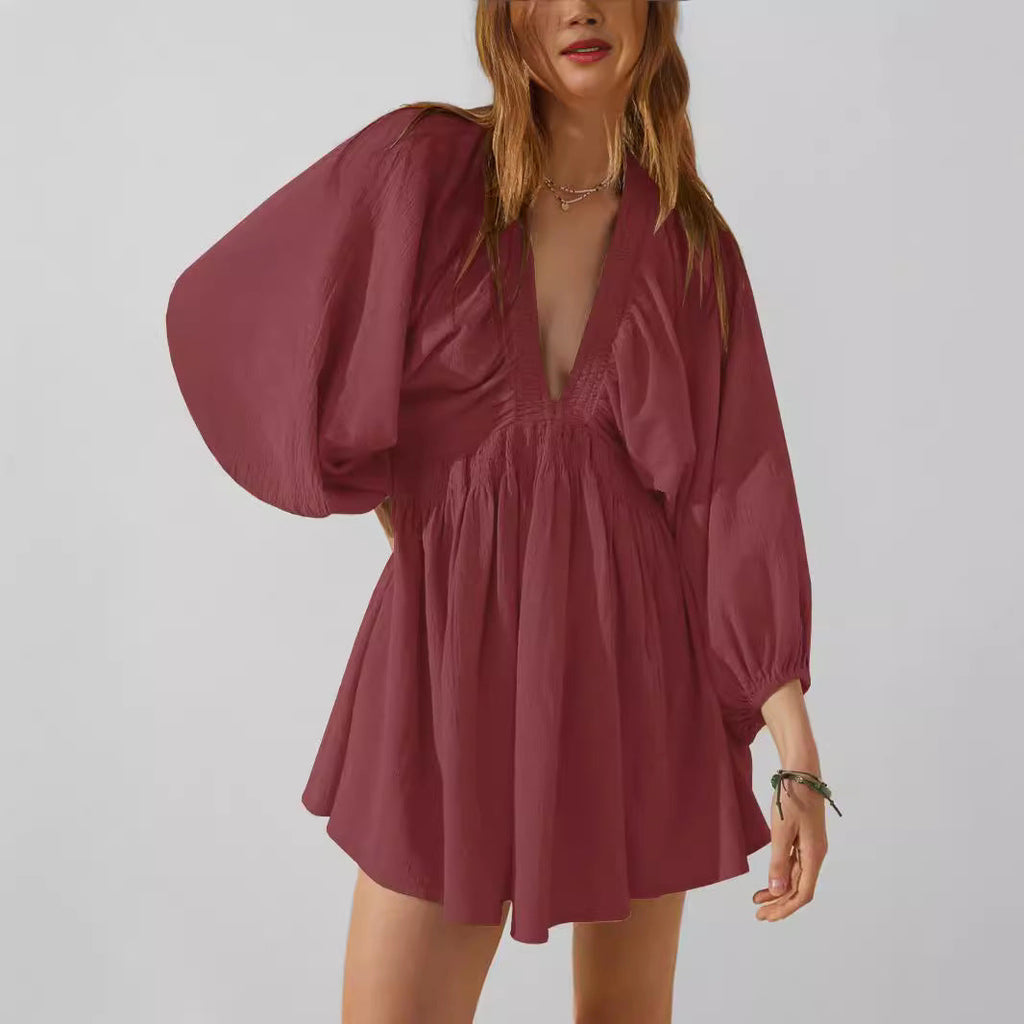 Women's V-Neck Mini Dress With Long Sleeve In A Relaxed Fit Silhouette For Everyday Wear