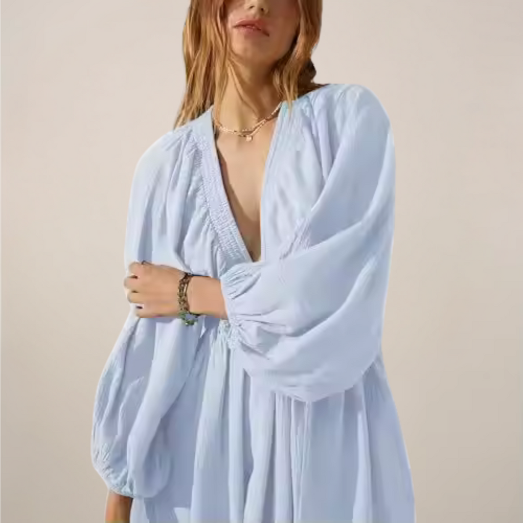 Women's V-Neck Mini Dress With Long Sleeve In A Relaxed Fit Silhouette For Everyday Wear