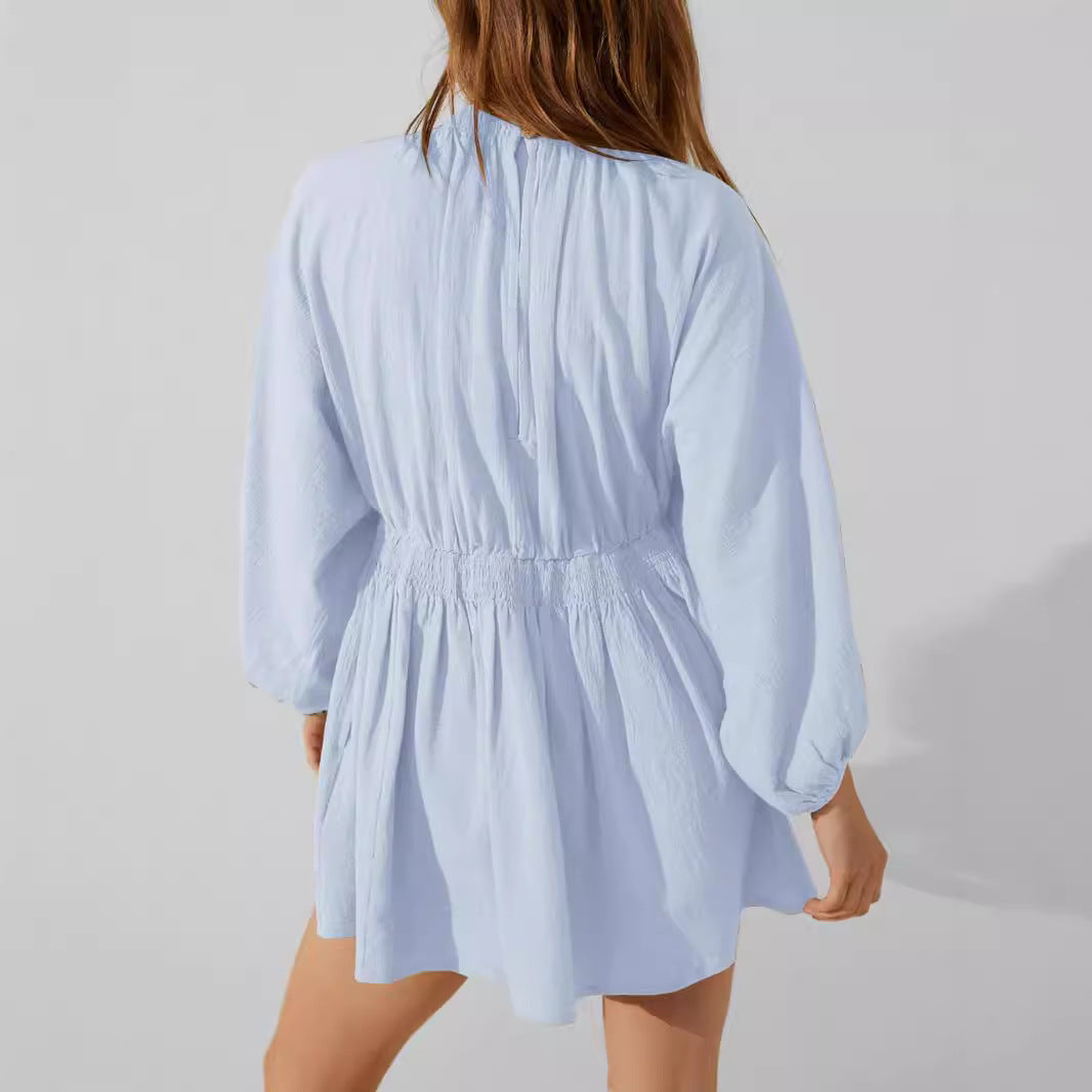 Women's V-Neck Mini Dress With Long Sleeve In A Relaxed Fit Silhouette For Everyday Wear
