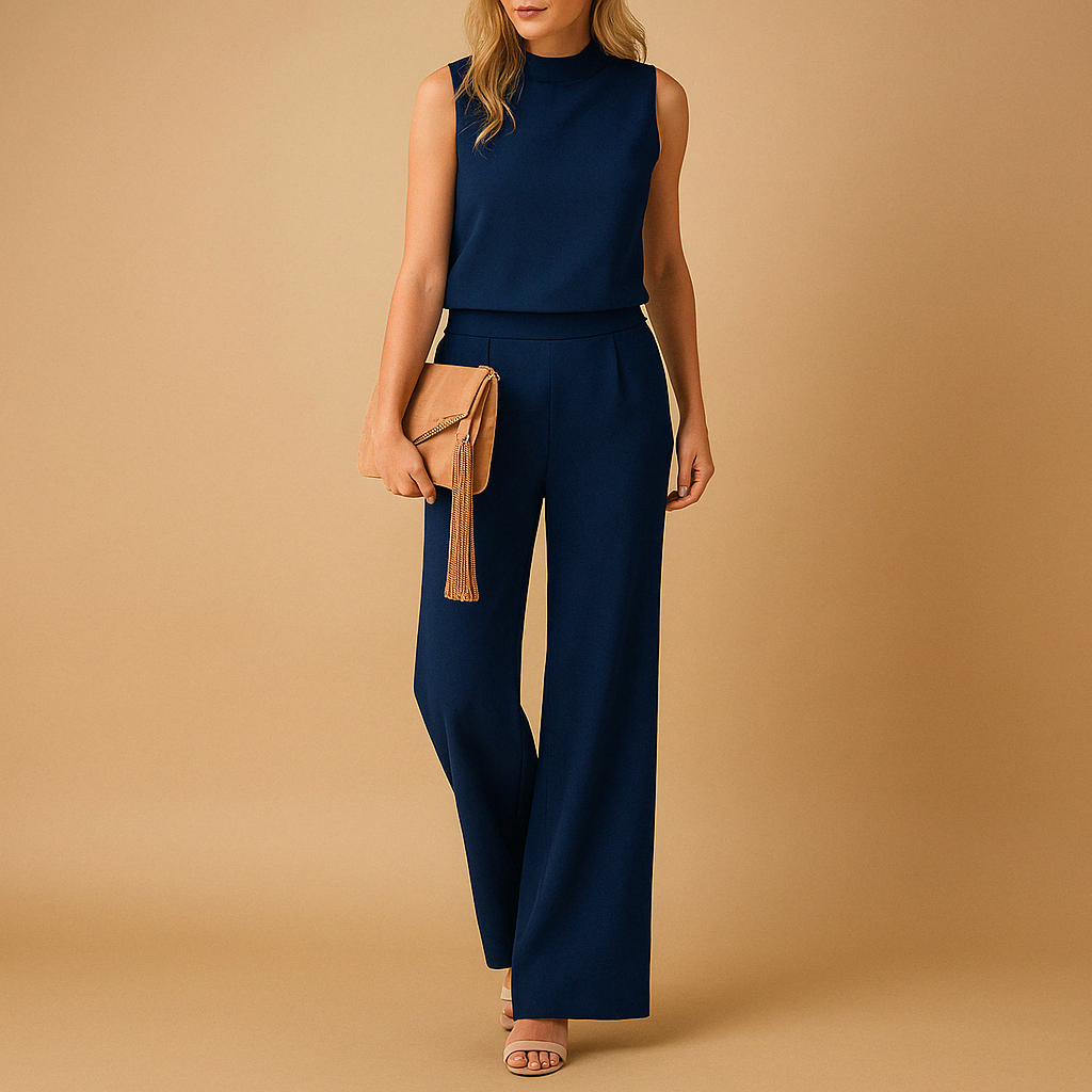 Women's Wide Leg Jumpsuit With Round Neck And Mid-Waist Fit For Elegant Styling And Flattering Silhouette