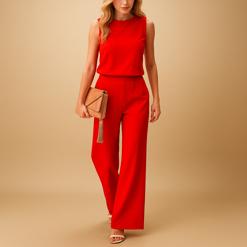 Women's Wide Leg Jumpsuit With Round Neck And Mid-Waist Fit For Elegant Styling And Flattering Silhouette