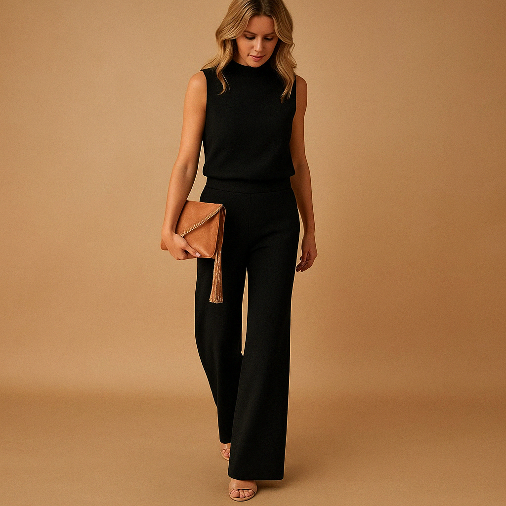 Women's Wide Leg Jumpsuit With Round Neck And Mid-Waist Fit For Elegant Styling And Flattering Silhouette