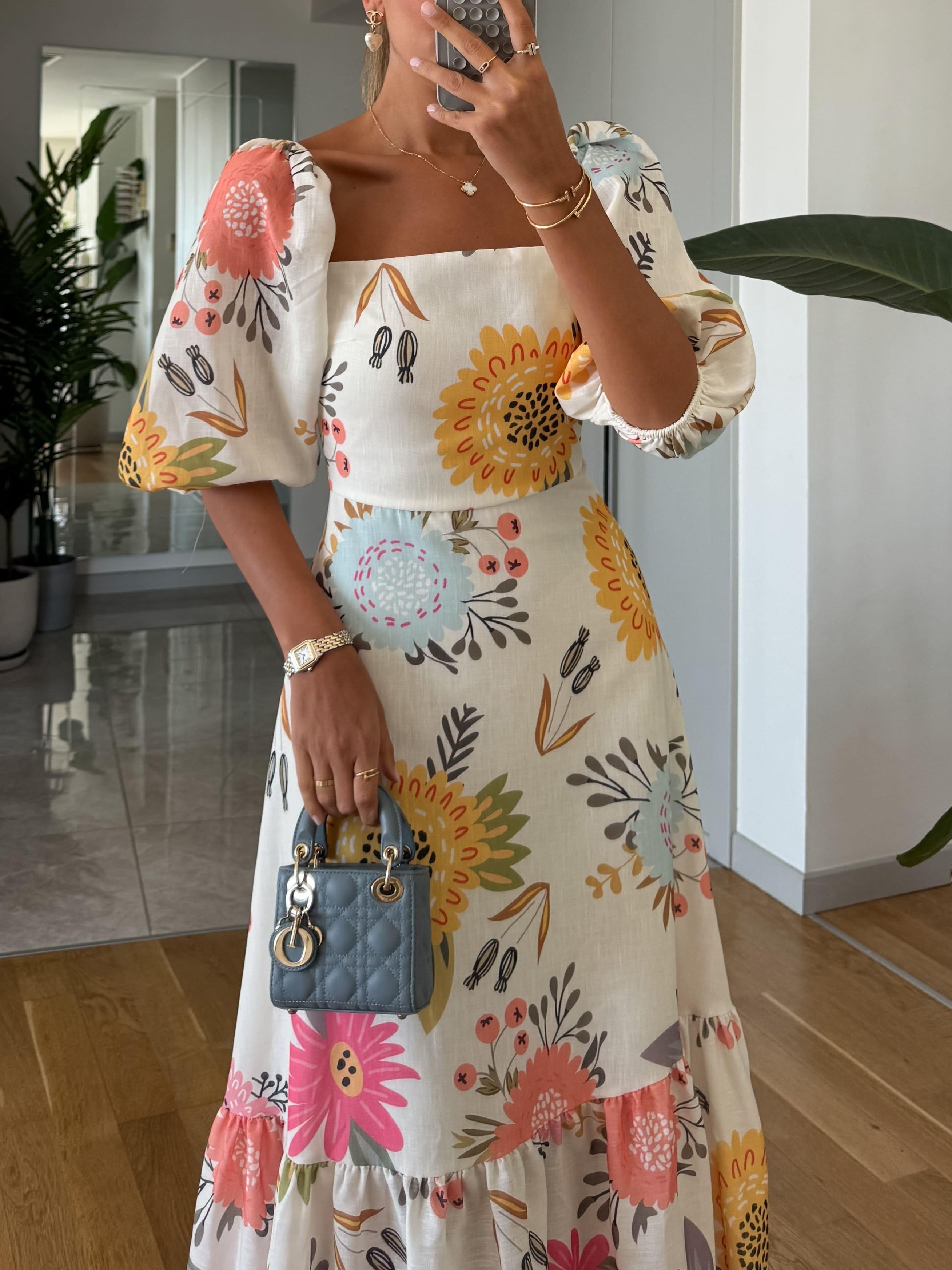 Elegant Floral Maxi Dress With Square Neck Puff Sleeves Open Back Tiered Ruffle Hem For Wedding Guests