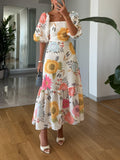 Elegant Floral Maxi Dress With Square Neck Puff Sleeves Open Back Tiered Ruffle Hem For Wedding Guests