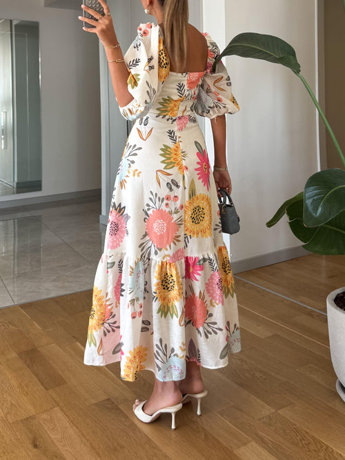 Elegant Floral Maxi Dress With Square Neck Puff Sleeves Open Back Tiered Ruffle Hem For Wedding Guests