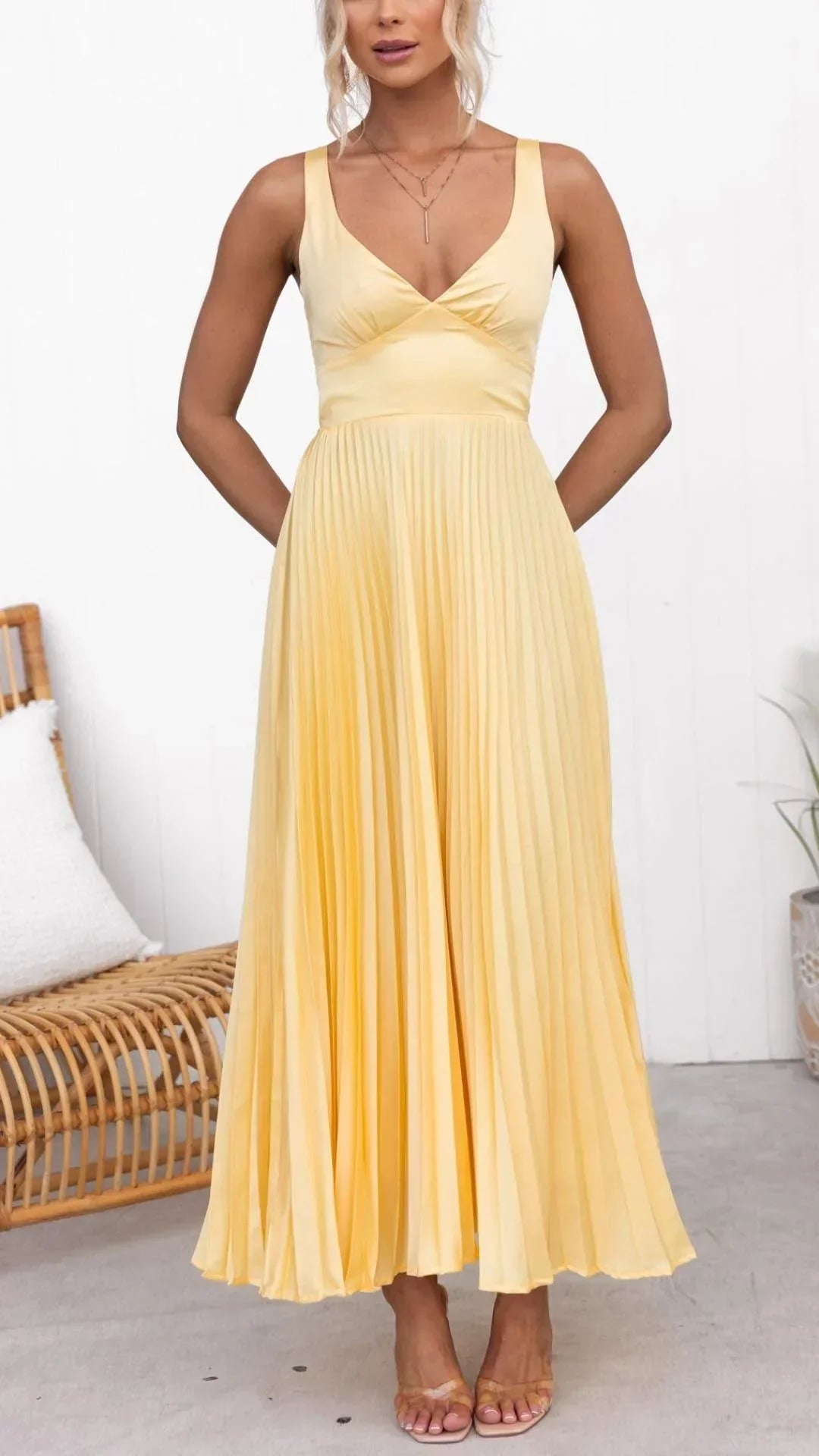 Yellow V Neck Pleated Maxi Dress With Elegant Back Straps Gown For Special Occasions