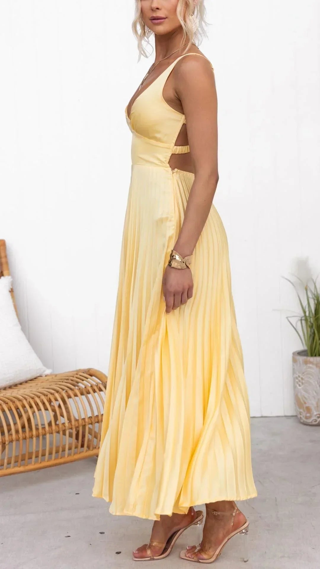 Yellow V Neck Pleated Maxi Dress With Elegant Back Straps Gown For Special Occasions