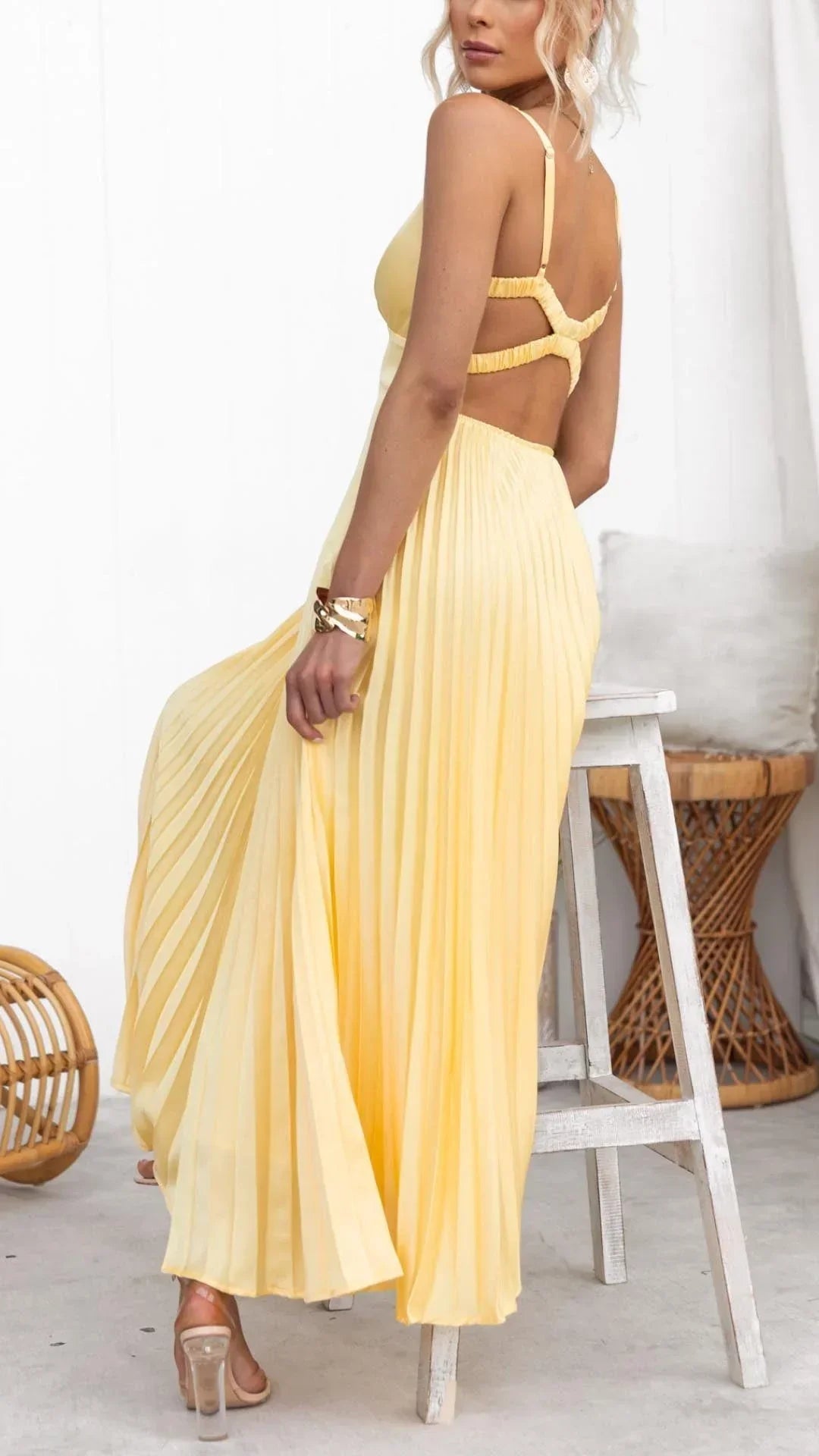 Yellow V Neck Pleated Maxi Dress With Elegant Back Straps Gown For Special Occasions