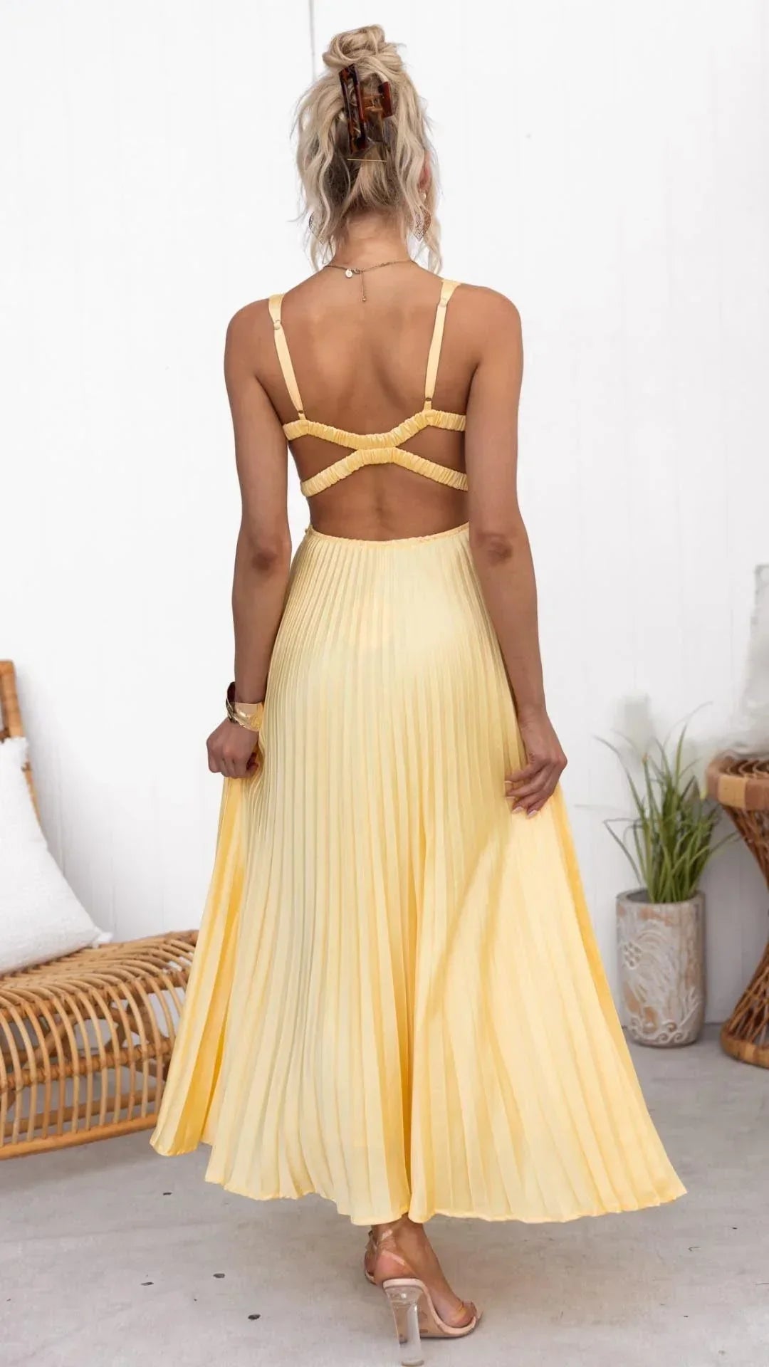 Yellow V Neck Pleated Maxi Dress With Elegant Back Straps Gown For Special Occasions