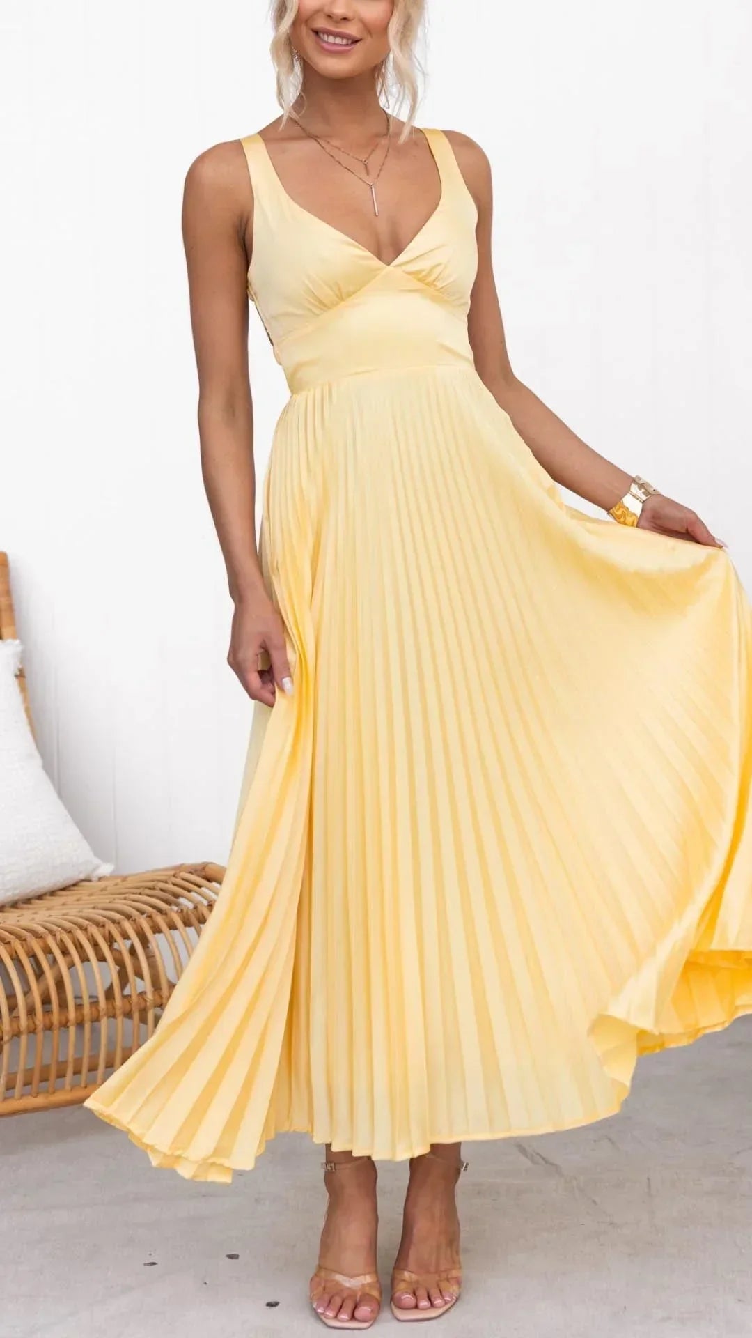 Yellow V Neck Pleated Maxi Dress With Elegant Back Straps Gown For Special Occasions